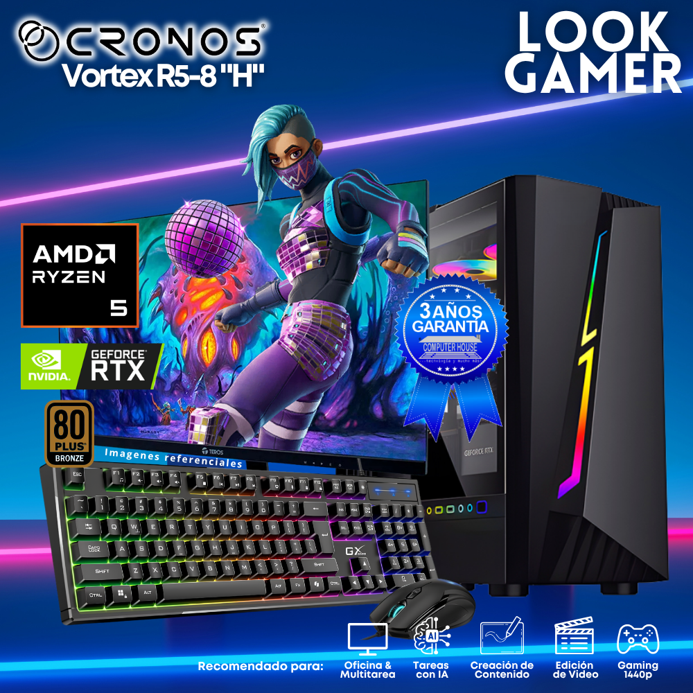 PC Look Gamer CRONOS Vortex R5-8 "H", RAM 16GB DDR5, SSD 500GB, Nvidia GeForce RTX3050 6GB, Monitor 27″ FHD.