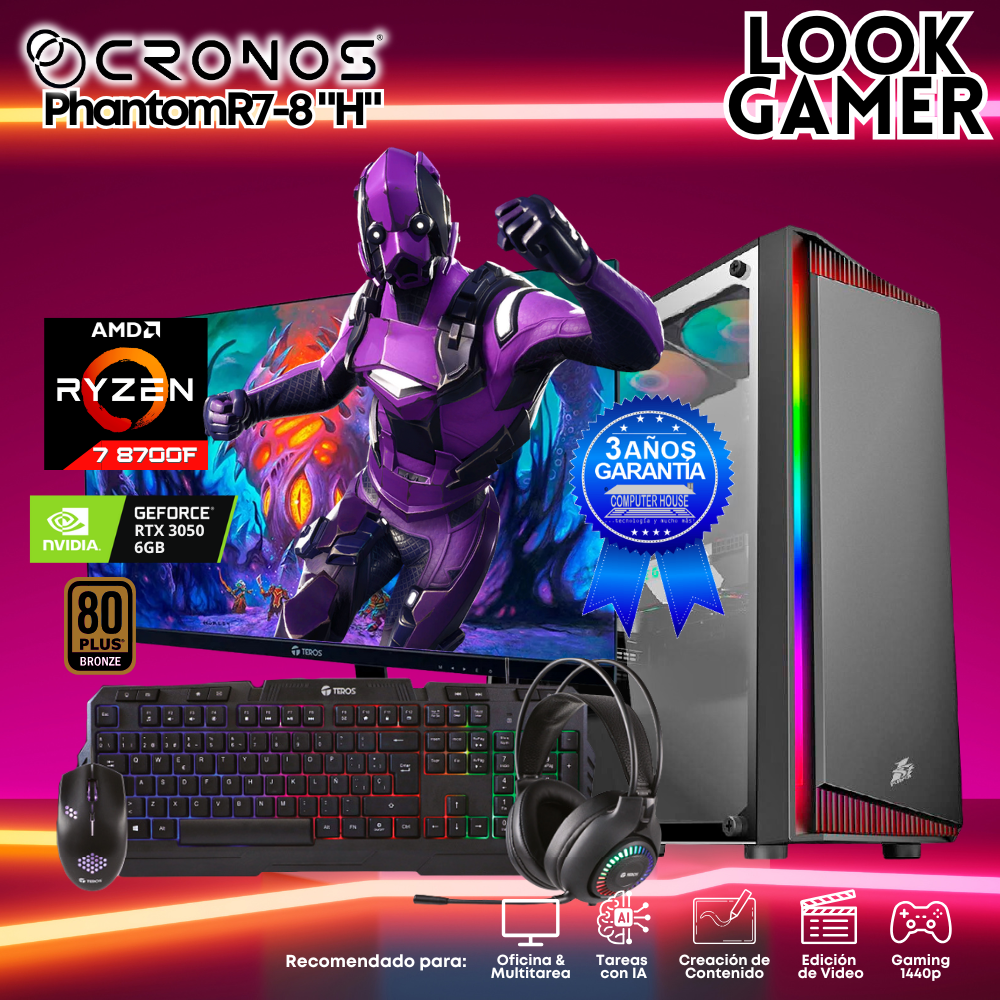 PC Look Gamer CRONOS Phantom R7-8 "H", RAM 16GB DDR5, SSD 1TB, RTX3050 6GB, Monitor 27″ FHD.