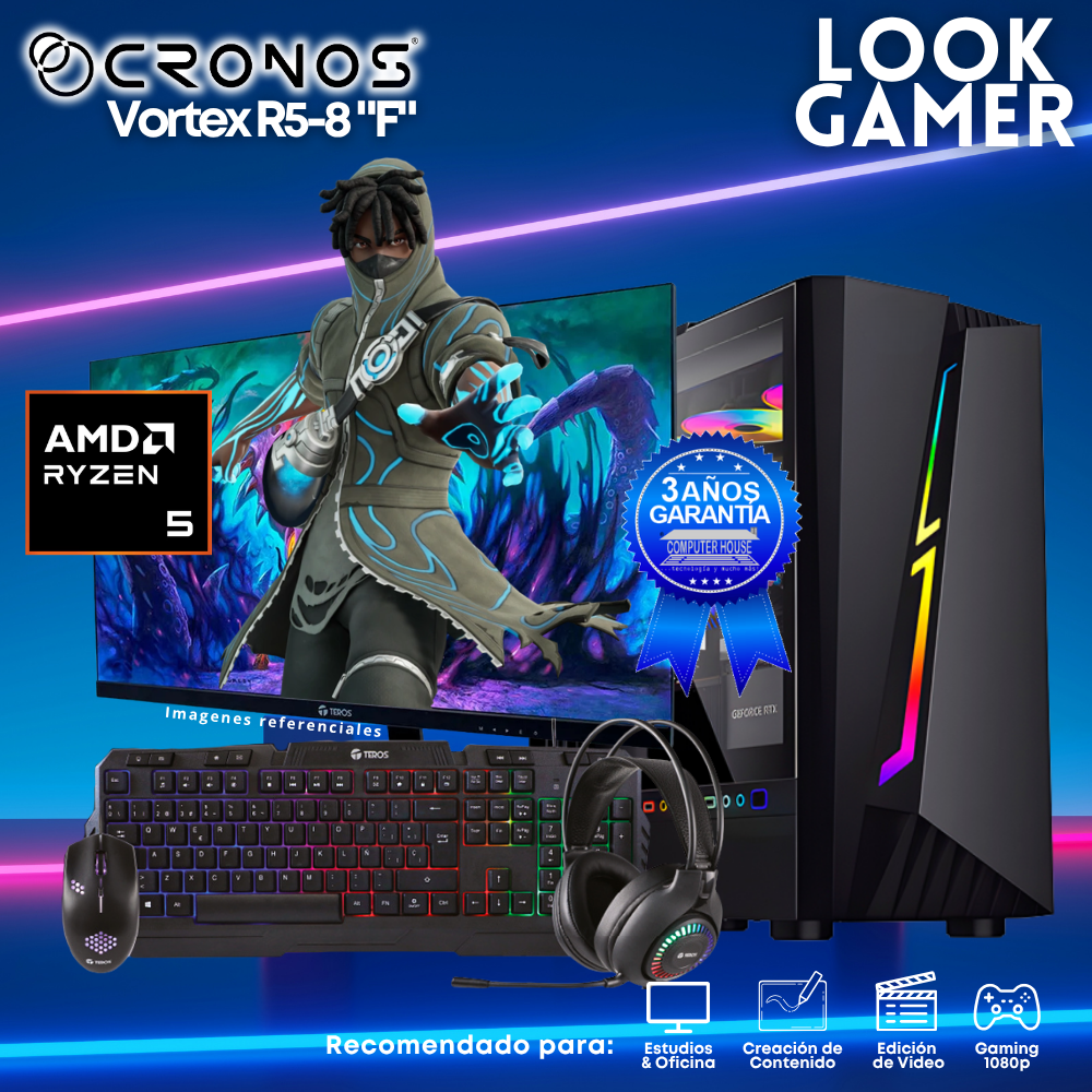 PC Look Gamer CRONOS Vortex R5-8 "F", RAM 16GB DDR5, SSD 500GB, Monitor 24″ FHD.