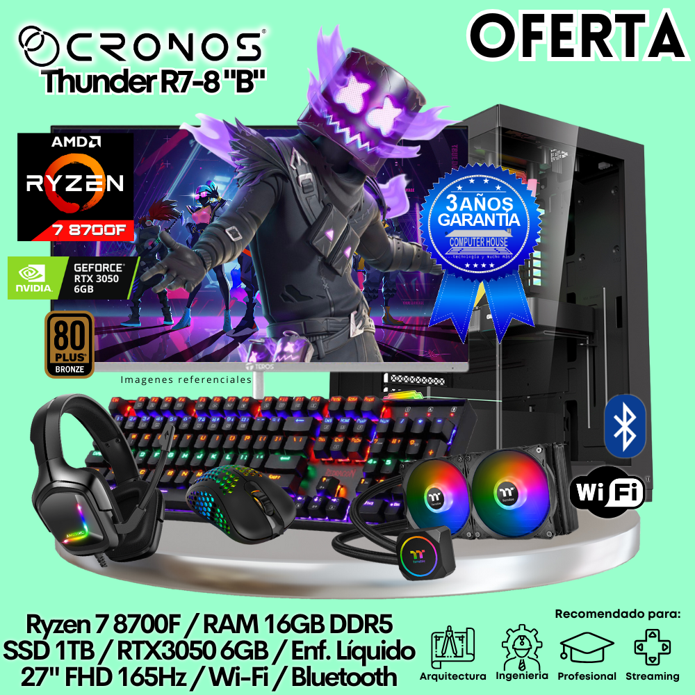 OFERTA: PC Xtreme CRONOS Thunder R7-8 "B", RAM 16GB DDR5, SSD 1TB, RTX3050 6GB, Enfriamiento Líquido, Monitor 27″ FHD 165Hz, Wi-Fi & Bluetooth.