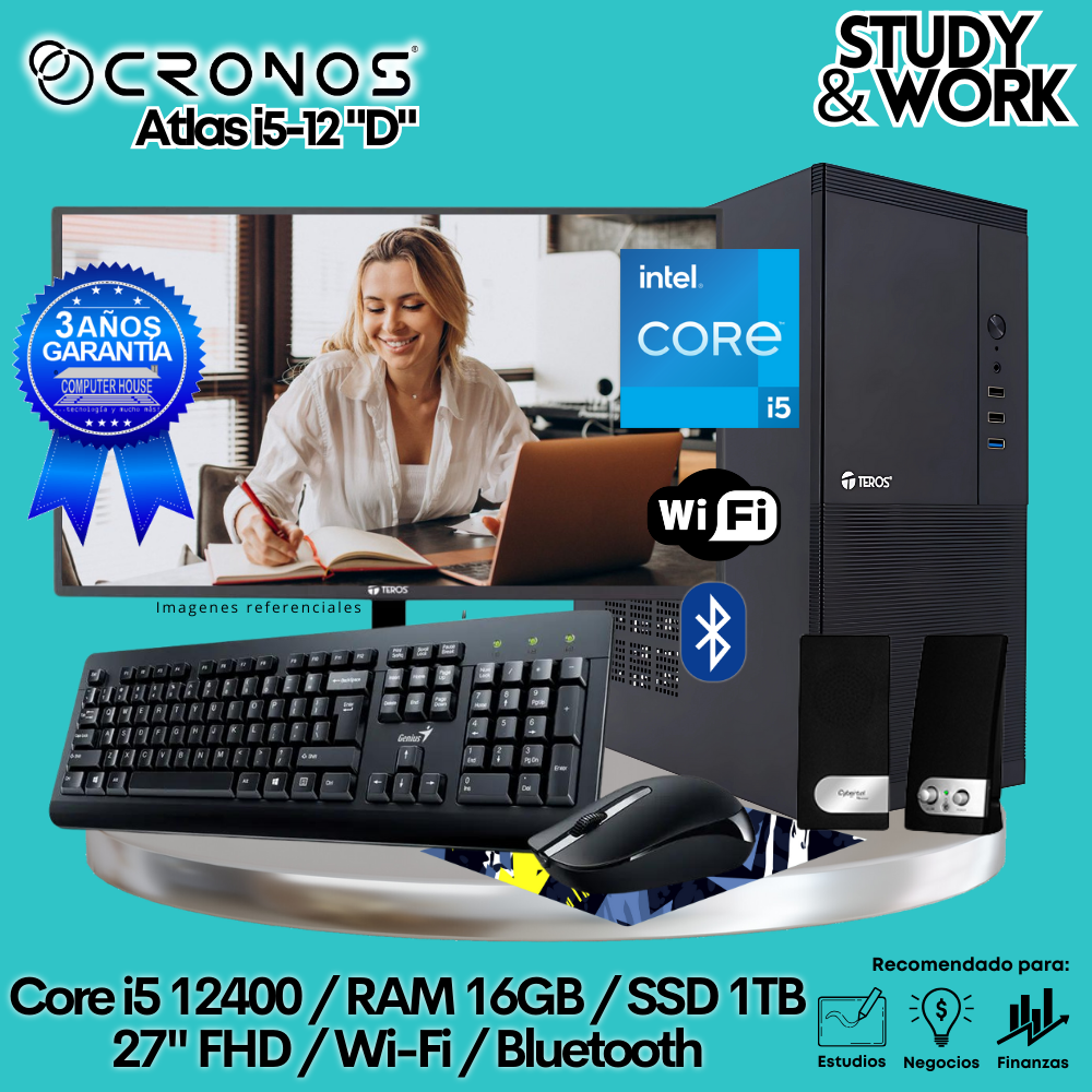 PC CRONOS Atlas i5-12 "D", 16GB RAM, 1TB SSD, 27″ FHD Monitor, Wi-Fi &amp; Bluetooth, Keyboard + Mouse Kit, Speakers or Headphones.