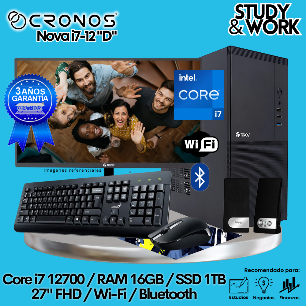 PC CRONOS Nova i7-12 "D", 16GB RAM, 1TB SSD, 27″ FHD Monitor, Wi-Fi &amp; Bluetooth, Keyboard + Mouse Kit, Speakers or Headphones.