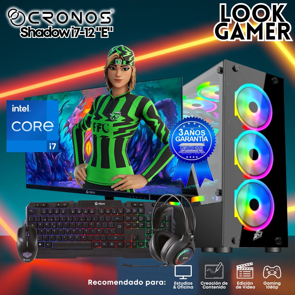 PC Look Gamer CRONOS Shadow i7-12 "E", RAM 16GB, SSD 500GB, Monitor 24″ FHD.