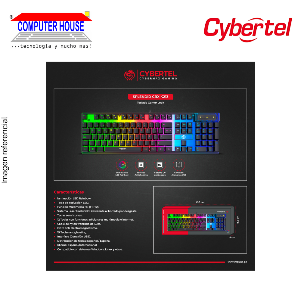 Teclado Gamer Alámbrico CYBERTEL Splendid K213, Conexión USB-A.