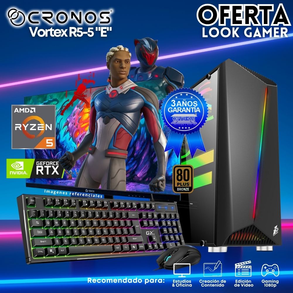 OFERTA: PC Look Gamer CRONOS Optimus R5-5 "E", RAM 16GB, SSD 1TB, Nvidia GeForce RTX5050 8GB, Monitor 27″ FHD, Kit Teclado + Mouse, Parlantes.