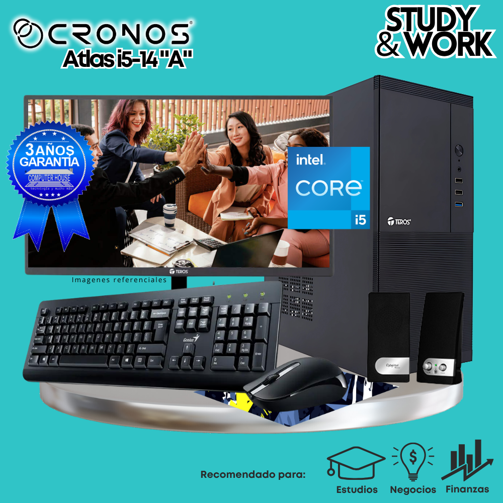PC CRONOS Atlas i5-14 "A", RAM 8GB DDR5, SSD 500GB, Monitor 24″ FHD, Kit Teclado + Mouse, Parlantes o Audífono.