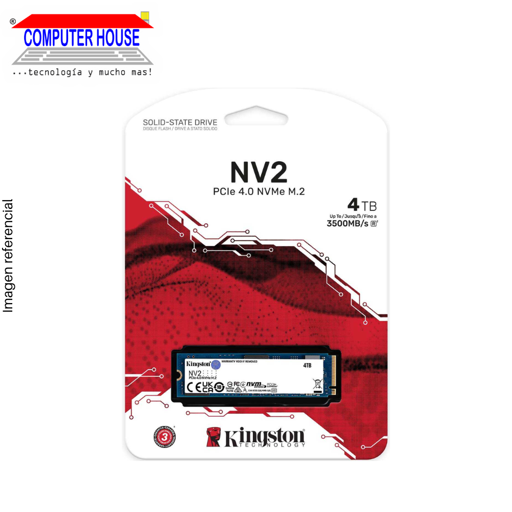 Disco Sólido SSD M.2 NVMe PCIe KINGSTON 4TB, NV2 (Lectura máxima 3500Mb/s, Escritura máxima 2800Mb/s).