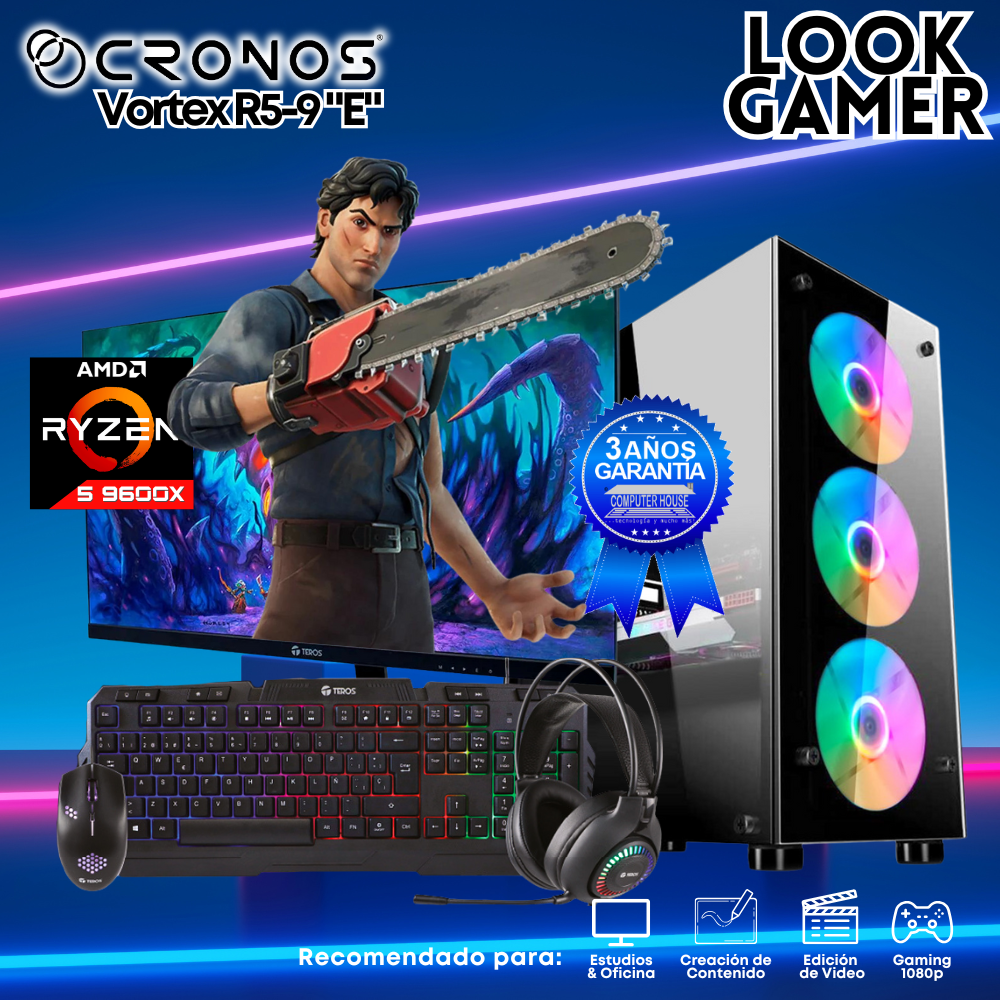 PC Look Gamer CRONOS Vortex R5-9 "E", RAM 16GB DDR5, SSD 500GB, Monitor 24″ FHD.