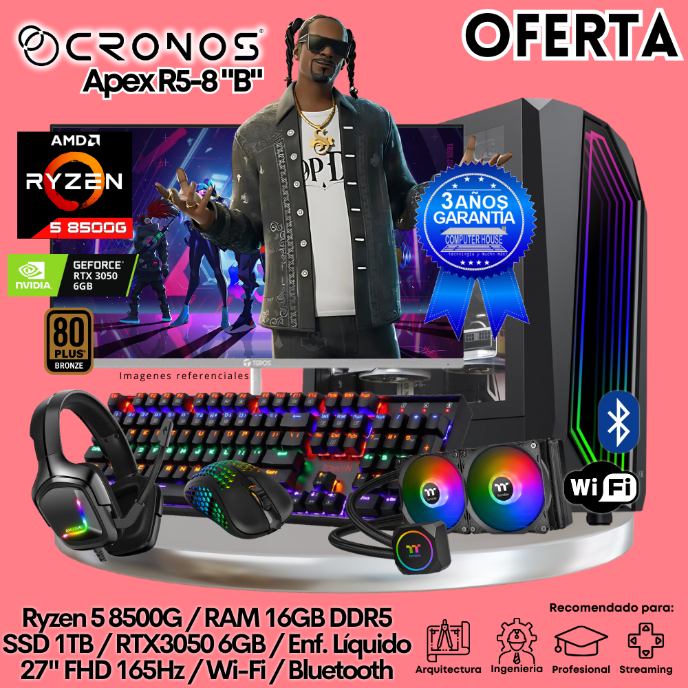 OFFER: PC Xtreme CRONOS Apex R5-8500G "B", 16GB DDR5 RAM, 1TB SSD, RTX3050 6GB, Liquid Cooling, 27″ FHD 165Hz Monitor, Wi-Fi &amp; Bluetooth.
