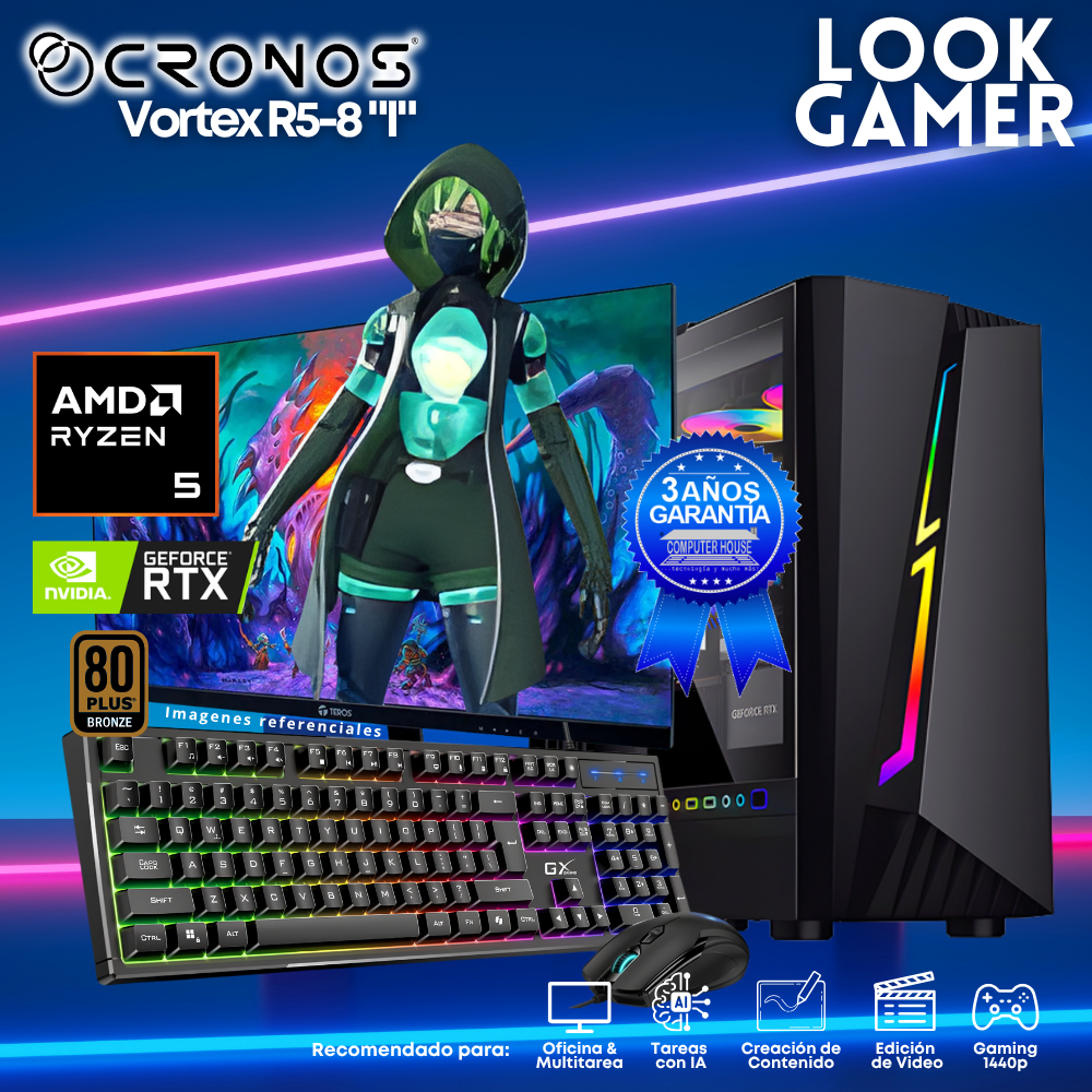 PC Look Gamer CRONOS Vortex R5-8 "I", RAM 16GB DDR5, SSD 1TB, Nvidia GeForce RTX5050 8GB, Monitor 27″ FHD.