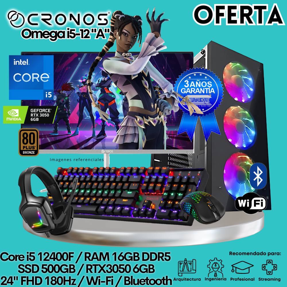 OFERTA: PC Xtreme CRONOS Omega i5-12 "A", RAM 16GB DDR5, SSD 500B, RTX3050 6GB, Monitor 24″ FHD 180Hz,  Wi-Fi & Bluetooth.