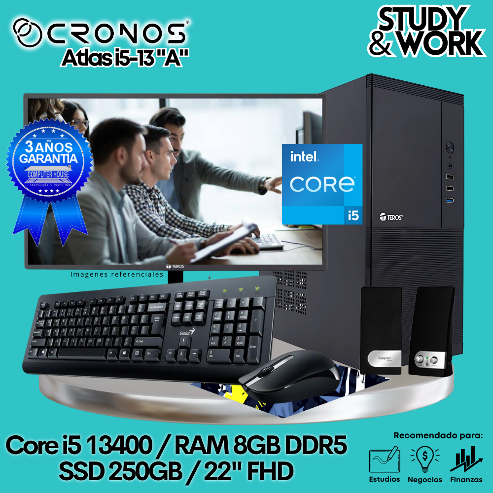 PC CRONOS Atlas i5-13 "A", 8GB DDR5 RAM, 250GB SSD, 22″ FHD Monitor, Keyboard + Mouse Kit, Speakers or Headphones.