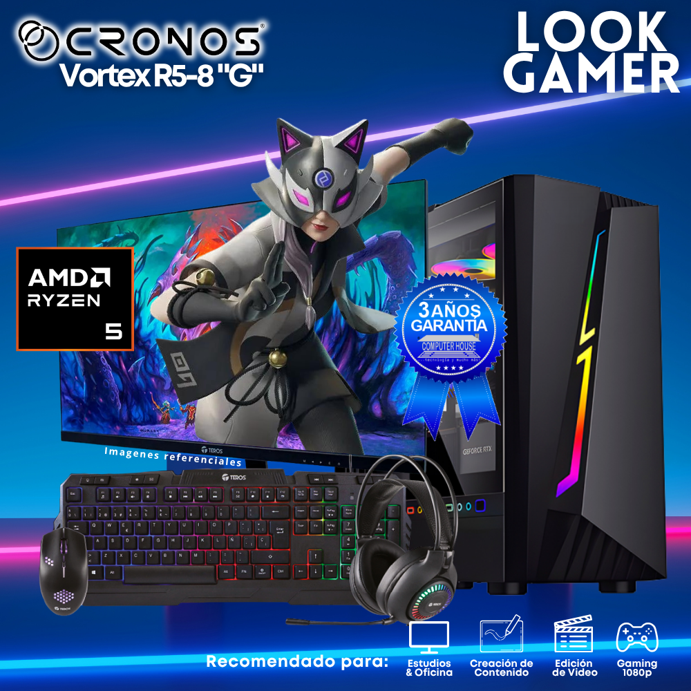 PC Look Gamer CRONOS Vortex R5-8 "G", RAM 16GB DDR5, SSD 1TB, Monitor 27″ FHD.