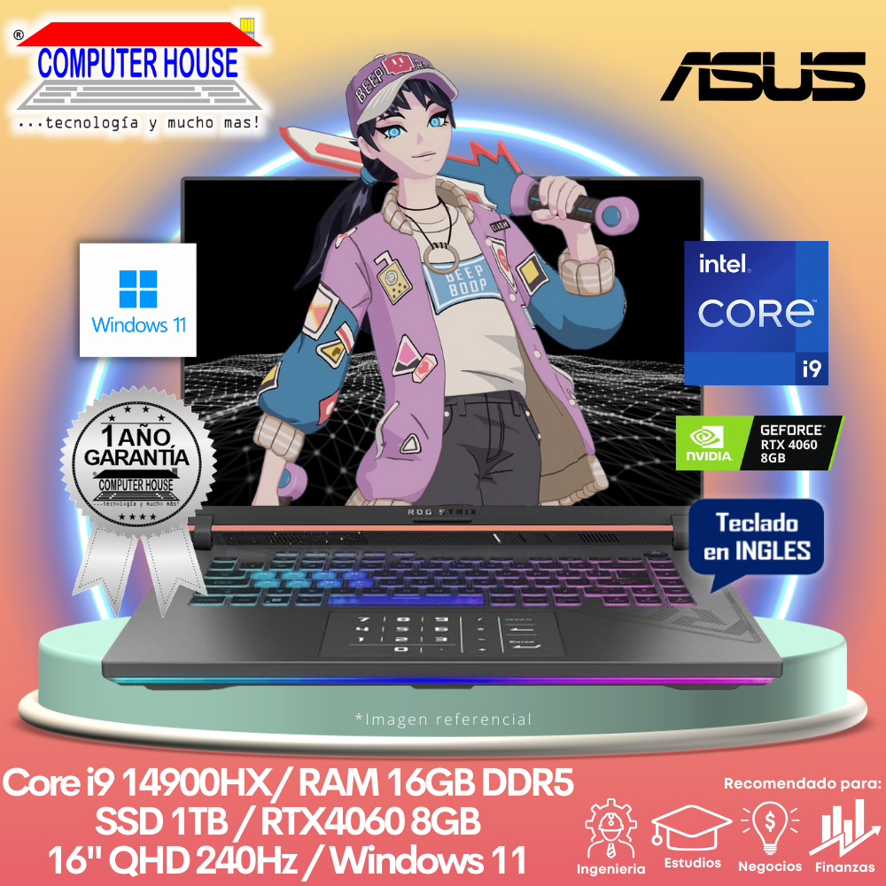 Laptop ASUS StrixScar, Core i9-14900HX, RAM 16GB DDR5, SSD 1TB, Video RTX4060 8GB, 16″ QHD 240Hz, Teclado en Inglés, Windows 11.