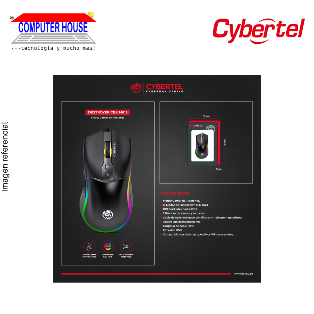 Mouse Gamer Alámbrico CYBERTEL Destroyer M613, RGB, 7200 DPI, Conexión USB-A.