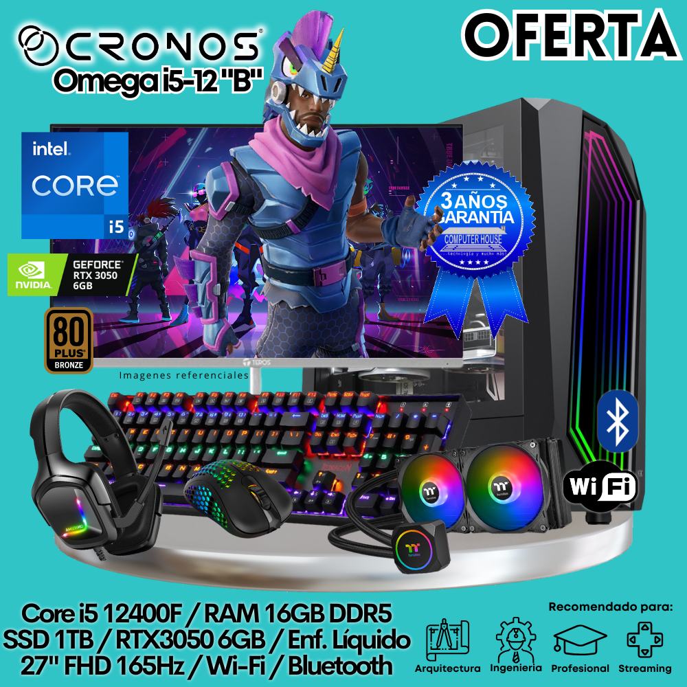 OFERTA: PC Xtreme CRONOS Omega i5-12 "B", RAM 16GB DDR5, SSD 1TB, RTX3050 6GB, Enfriamiento Líquido, Monitor 27″ FHD 165Hz,  Wi-Fi & Bluetooth.