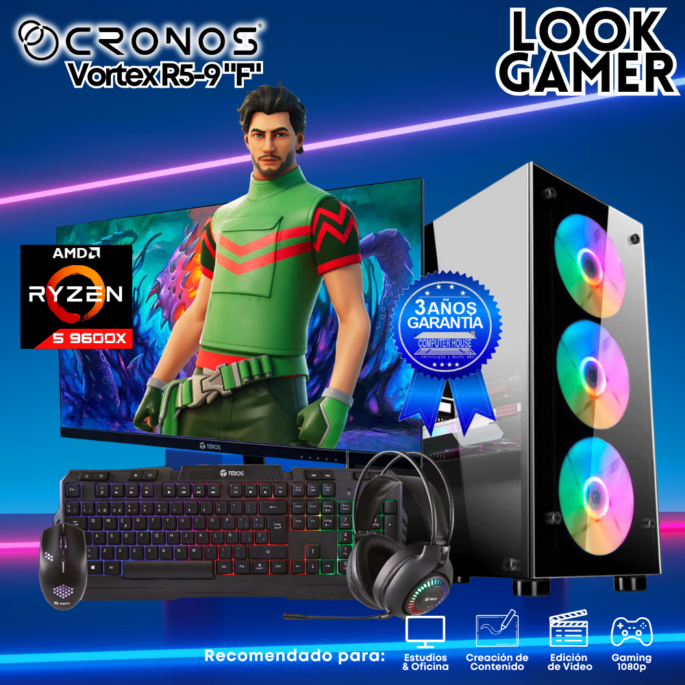 PC Look Gamer CRONOS Vortex R5-9 "F", RAM 16GB DDR5, SSD 1TB, Monitor 24″ FHD.