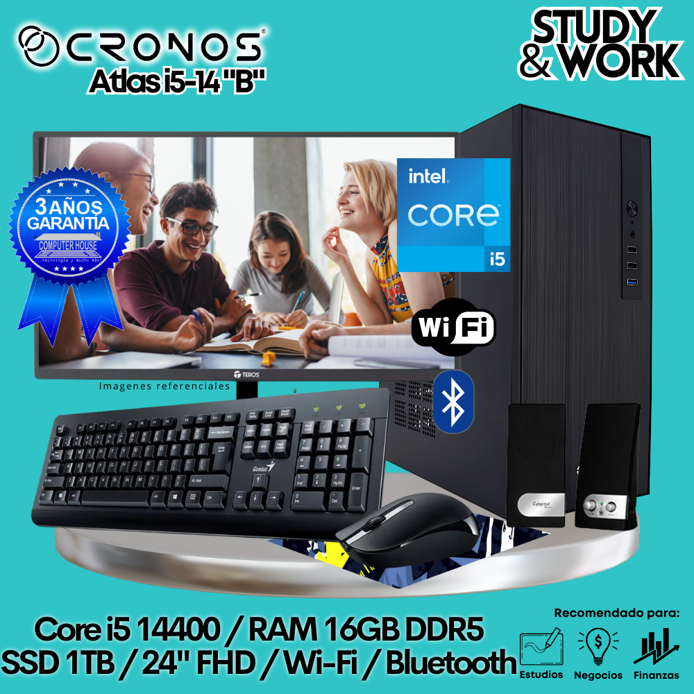 PC CRONOS Atlas i5-14 "B", 8GB DDR5 RAM, 500GB SSD, 24″ FHD Monitor, Wi-Fi, Keyboard + Mouse Kit, Speakers or Headphones.