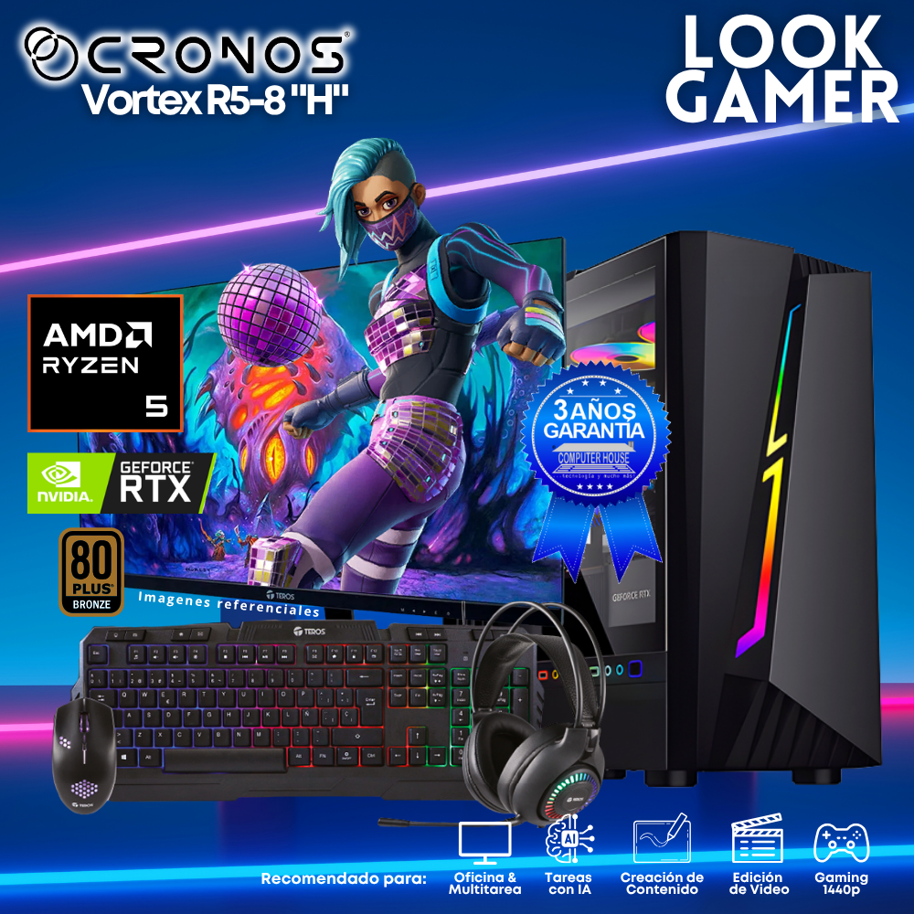 PC Look Gamer CRONOS Vortex R5-8 "H", RAM 16GB DDR5, SSD 500GB, Nvidia GeForce RTX3050 6GB, Monitor 27″ FHD.