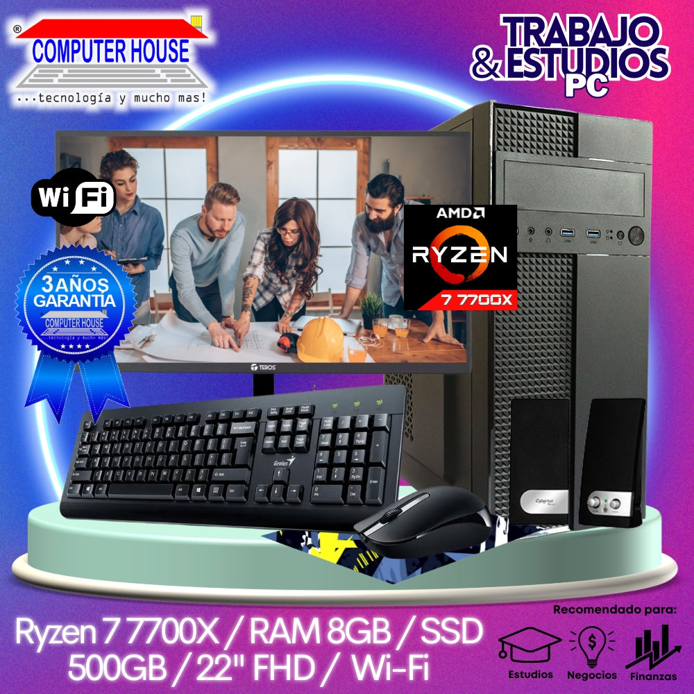 Desktop DESKTOP Ryzen 7 7° A, RAM 8GB DDR5, SSD 500GB, Wi-Fi, Enfriamiento Líquido, Monitor 22″ FHD, Teclado + Mouse + Parlantes.