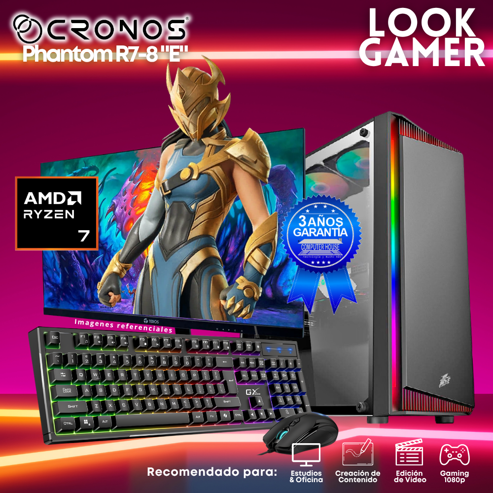 PC Look Gamer CRONOS Phantom R7-8 "E", RAM 8GB DDR5, SSD 500GB, Monitor 24″ FHD.