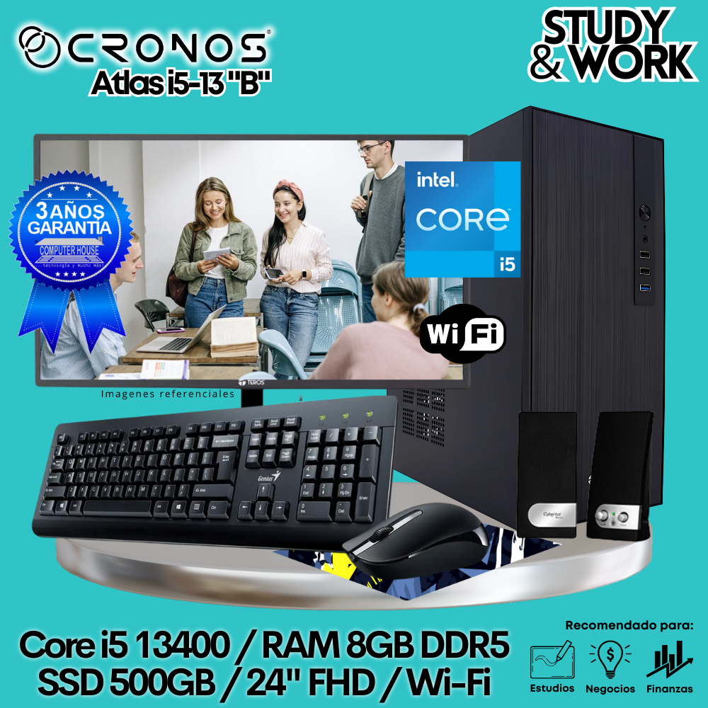 PC CRONOS Atlas i5-13 "B", 8GB DDR5 RAM, 500GB SSD, 24″ FHD Monitor, Wi-Fi, Keyboard + Mouse Kit, Speakers or Headphones.