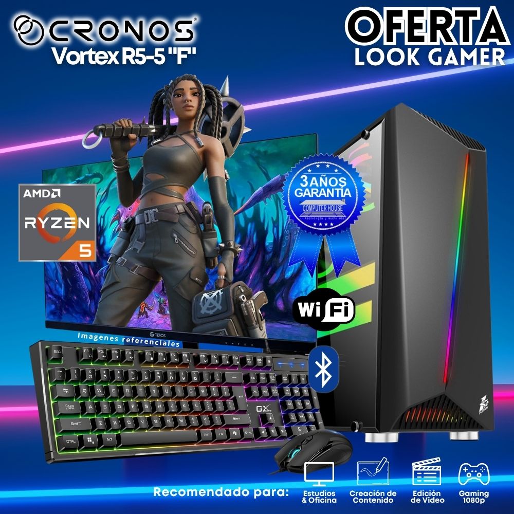 OFERTA: PC Look Gamer CRONOS Vortex R5-5 "F", RAM 8GB, SSD 500GB, Monitor 24″ FHD, Wi-Fi & Bluetooth, Kit Teclado + Mouse, Parlantes.