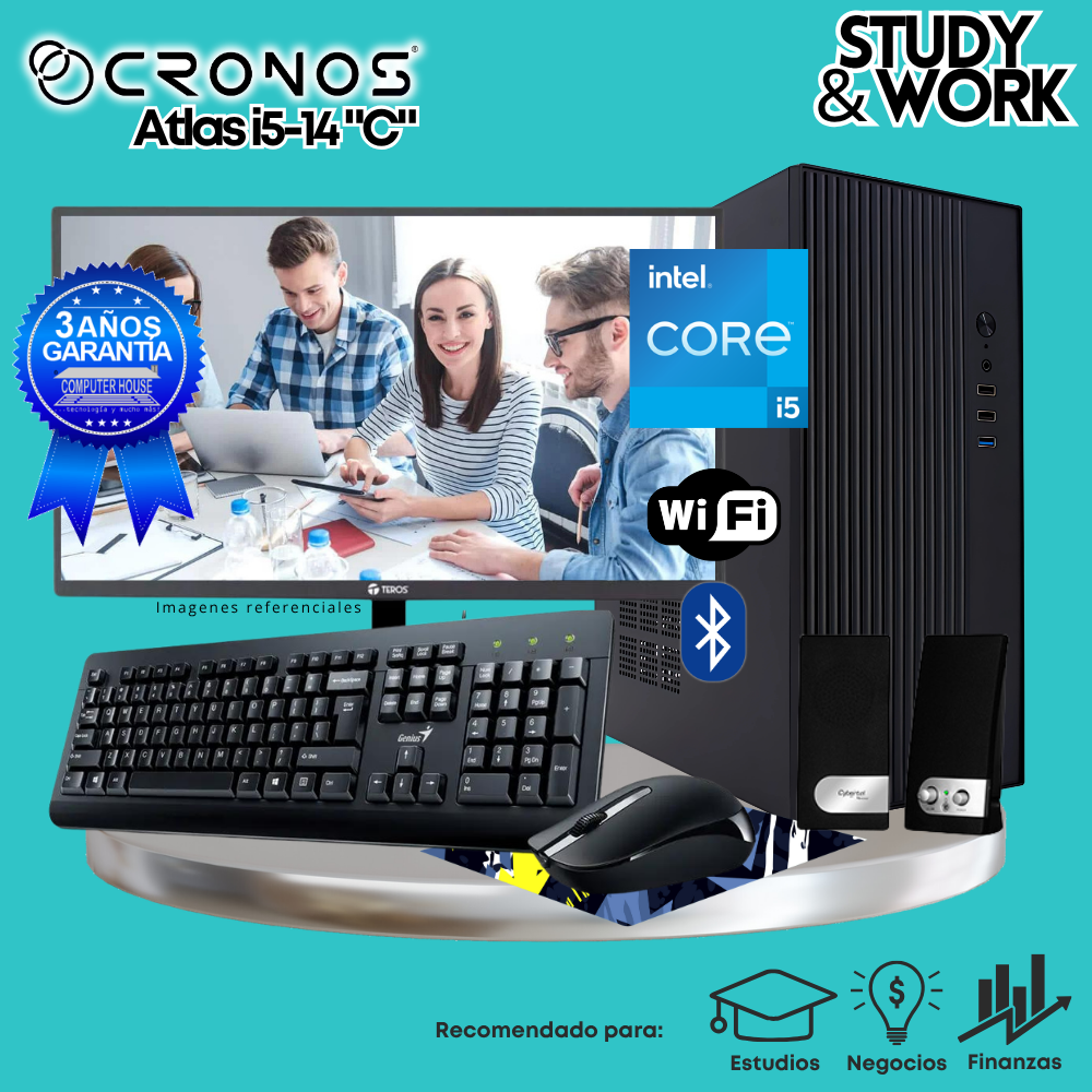 PC CRONOS Atlas i5-14 "C", RAM 16GB DDR5, SSD 1TB, Monitor 27″ FHD, Wi-Fi & Bluetooth, Kit Teclado + Mouse, Parlantes o Audífono.
