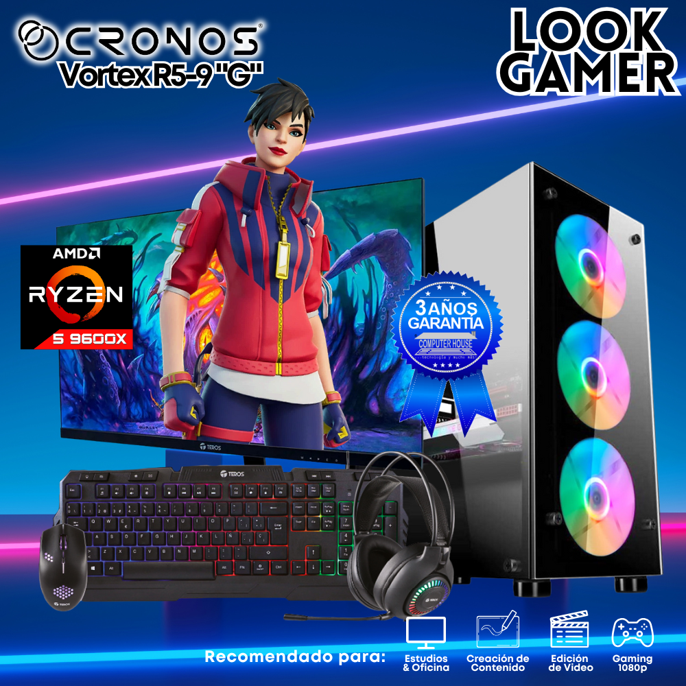 PC Look Gamer CRONOS Vortex R5-9 "G", RAM 16GB DDR5, SSD 1TB, Monitor 27″ FHD.
