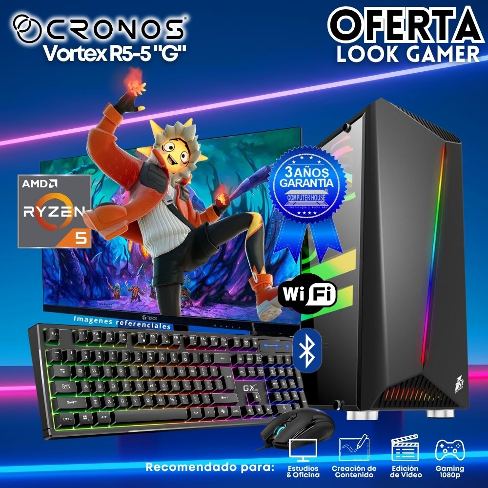 OFERTA: PC Look Gamer CRONOS Vortex R5-5 "G", RAM 16GB, SSD 500GB, Monitor 24″ FHD, Wi-Fi & Bluetooth, Kit Teclado + Mouse, Parlantes.