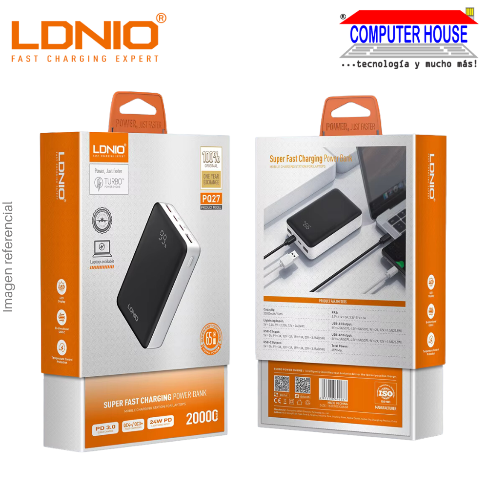 Power Bank LDNIO 20000 mAh PQ27 Carga rápida 65W - Negro