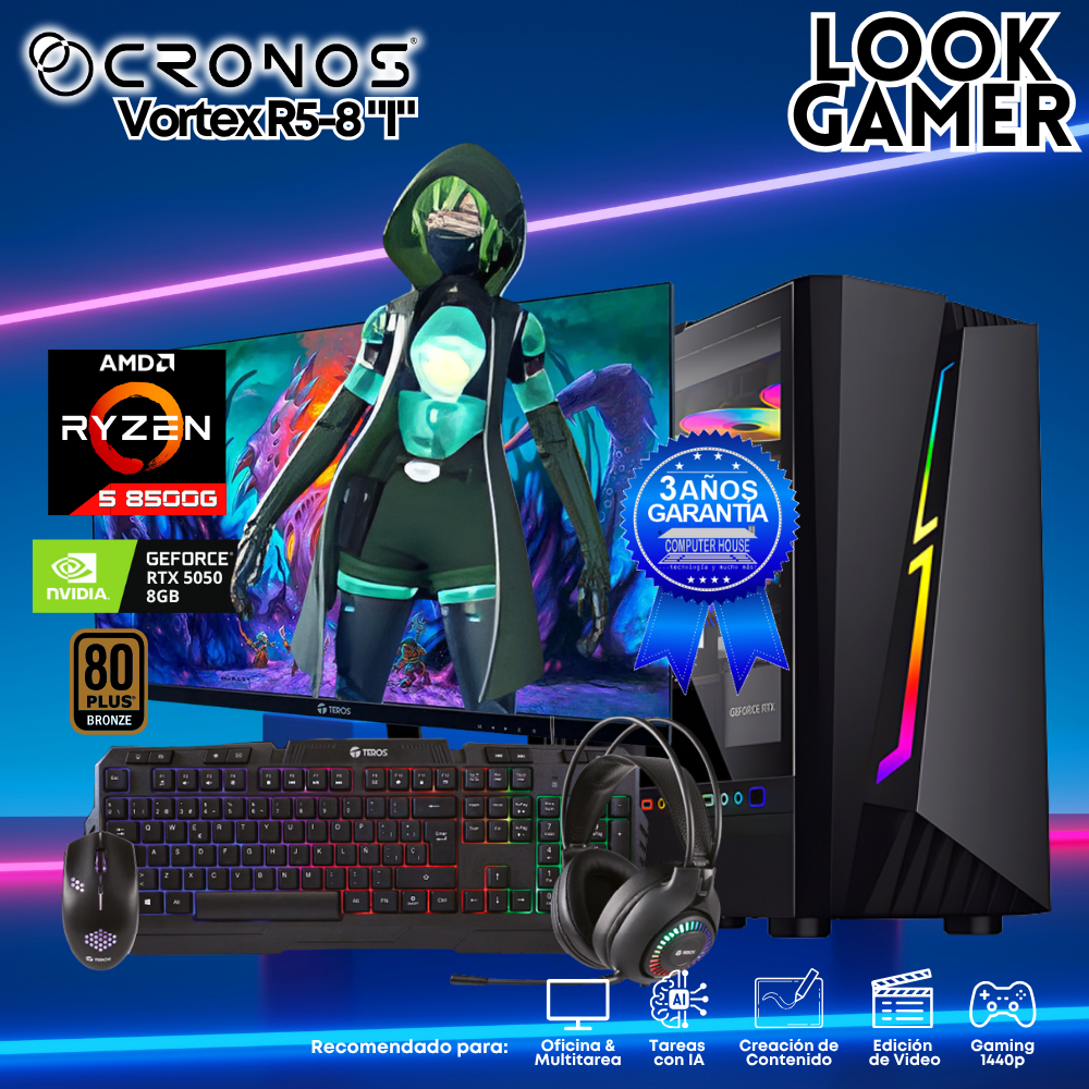 PC Look Gamer CRONOS Vortex R5-8 "I", RAM 16GB DDR5, SSD 1TB, RTX5050 8GB, Monitor 27″ FHD.