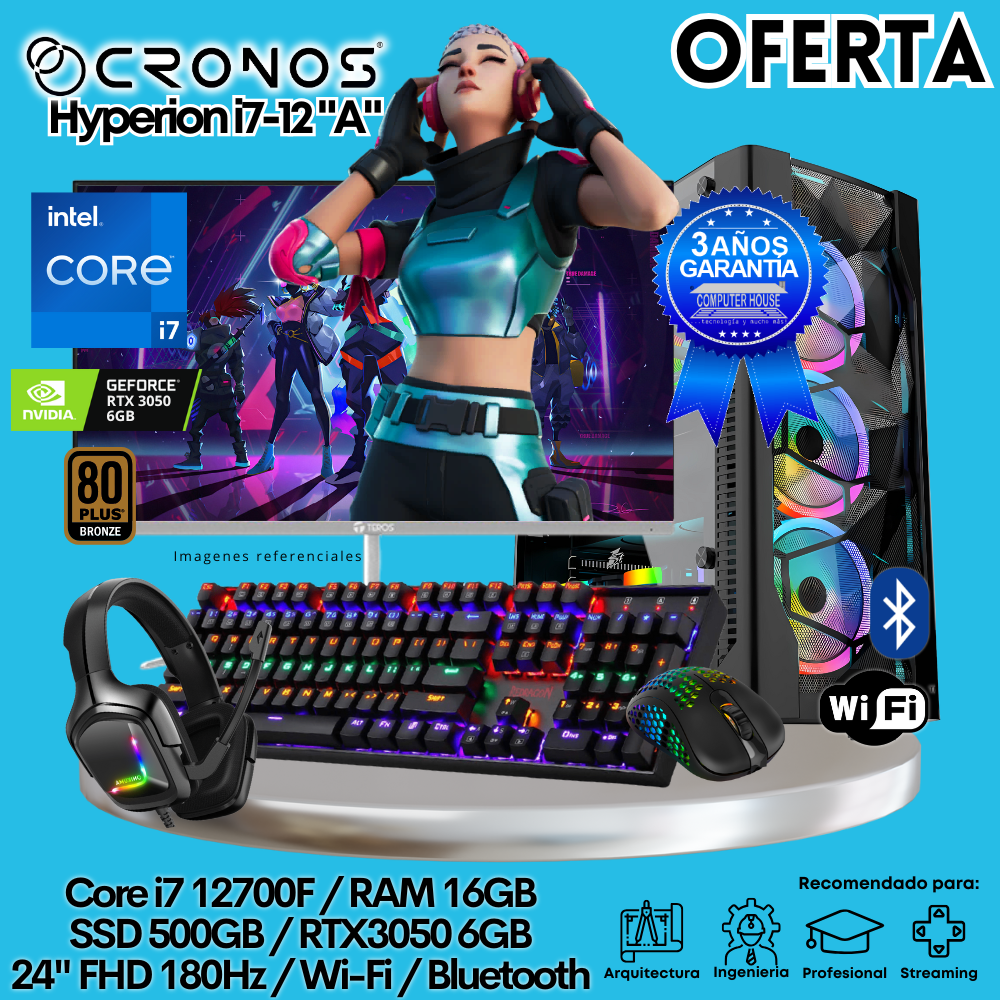 OFERTA: PC Xtreme CRONOS Hyperion i7-12 "A", RAM 16GB, SSD 500GB, RTX3050 6GB, Monitor 24″ FHD 180Hz, Wi-Fi & Bluetooth.