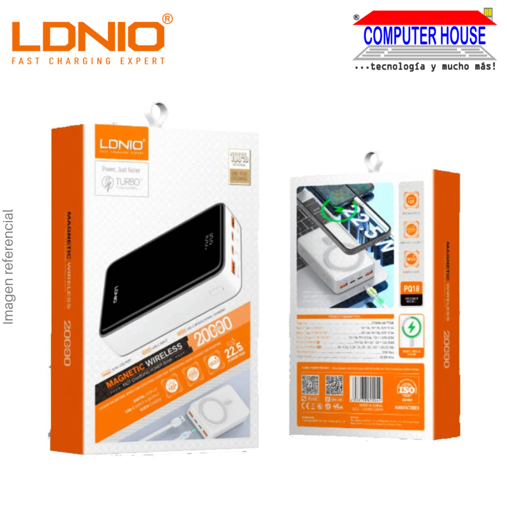 Power Bank LDNIO 20000 mAh PQ18 Carga inalámbrica 15W - Negro