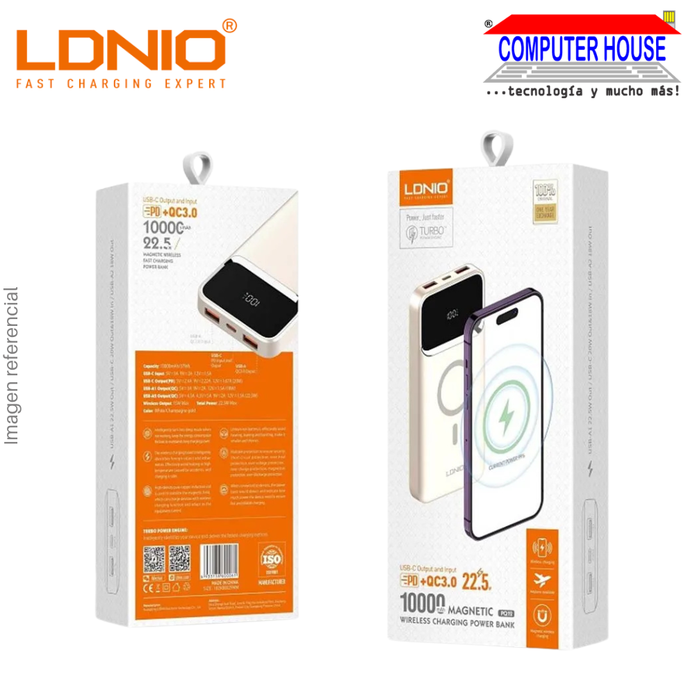 LDNIO 10000 mAh PQ12 Power Bank with 15W Wireless Charging - White