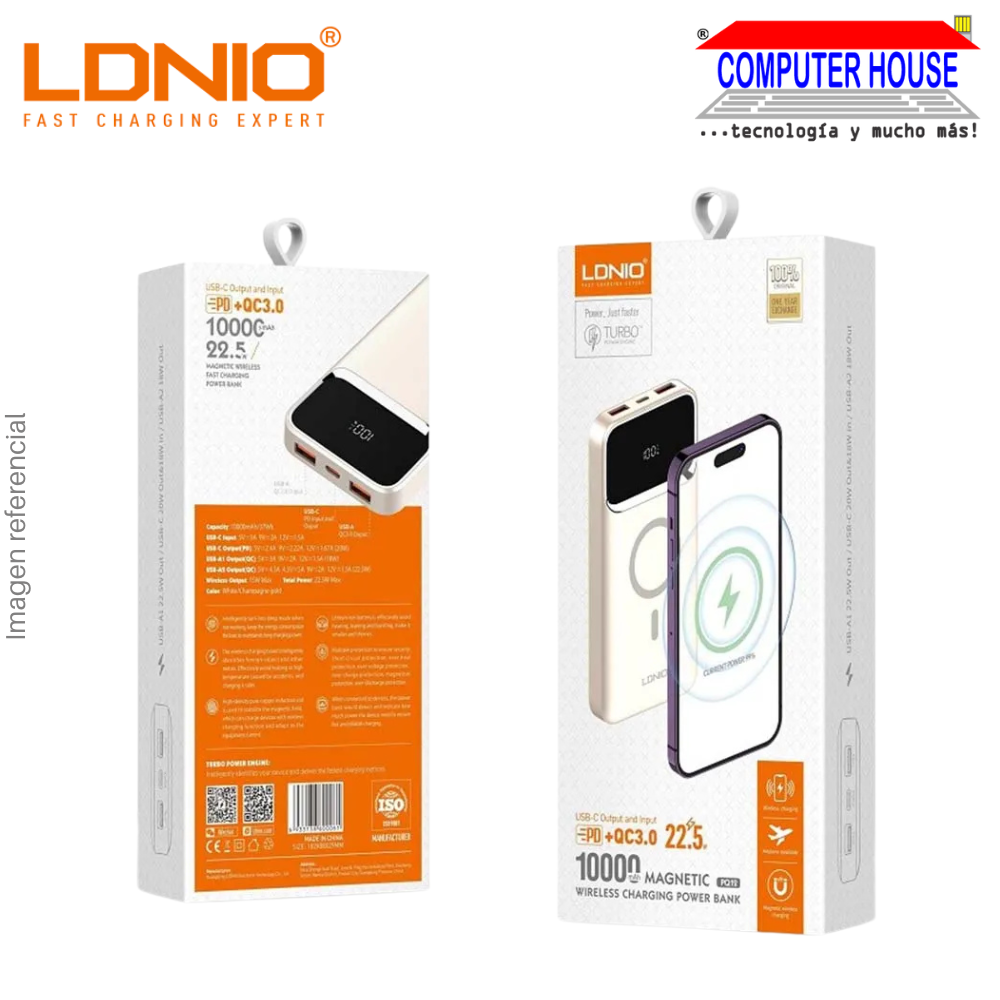 Power Bank LDNIO 10000 mAh PQ12 con Carga de 15W inalámbrico - Blanco