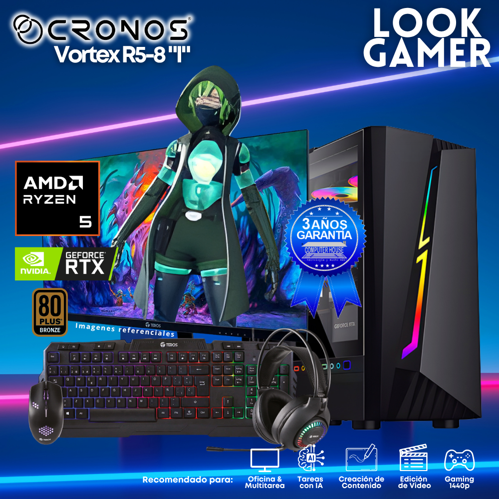 PC Look Gamer CRONOS Vortex R5-8 "I", RAM 16GB DDR5, SSD 1TB, Nvidia GeForce RTX5050 8GB, Monitor 27″ FHD.