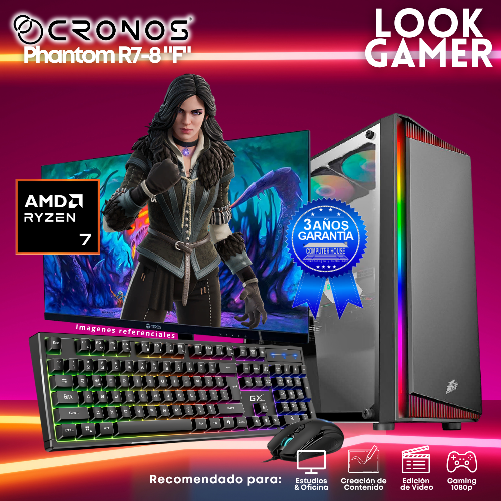 PC Look Gamer CRONOS Phantom R7-8 "F", RAM 16GB DDR5, SSD 500GB, Monitor 24″ FHD.
