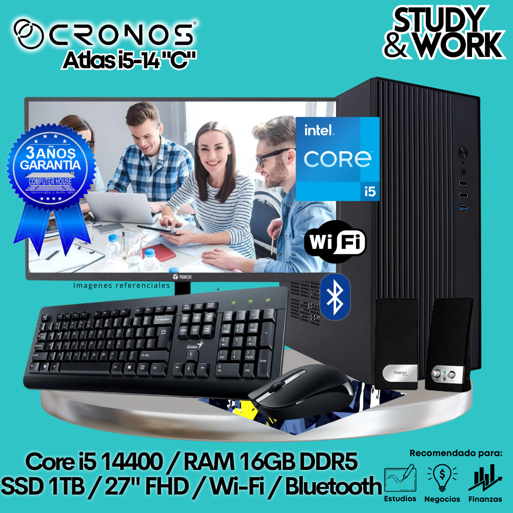PC CRONOS Atlas i5-14 "C", 16GB DDR5 RAM, 500GB SSD, 24″ FHD Monitor, Wi-Fi, Keyboard + Mouse Kit, Speakers or Headphones.