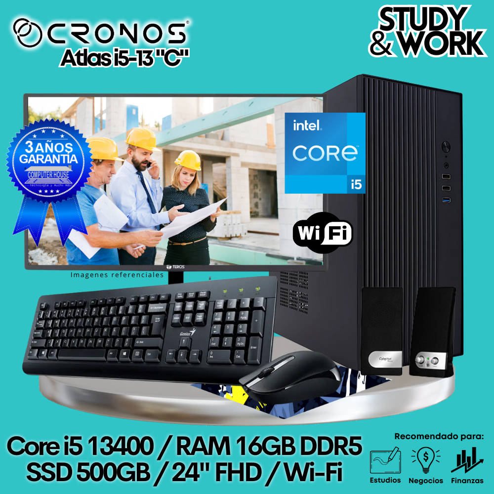 PC CRONOS Atlas i5-13 "C", 16GB DDR5 RAM, 500GB SSD, 24″ FHD Monitor, Wi-Fi, Keyboard + Mouse Kit, Speakers or Headphones.