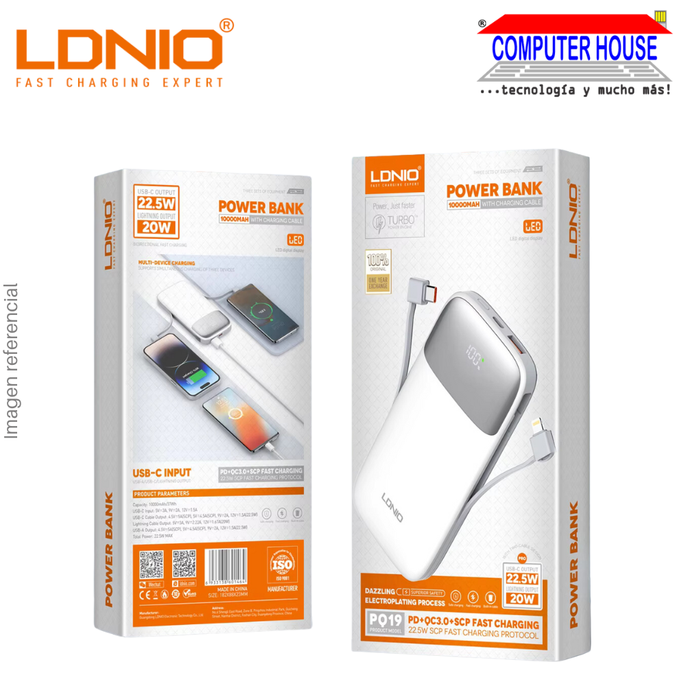 Power Bank LDNIO 10000 mAh PQ19 Fast Charge 22.5W - White
