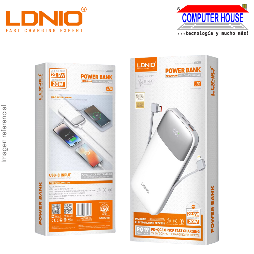 Power Bank LDNIO 10000 mAh PQ19 Carga rápida 22.5W - Blanco