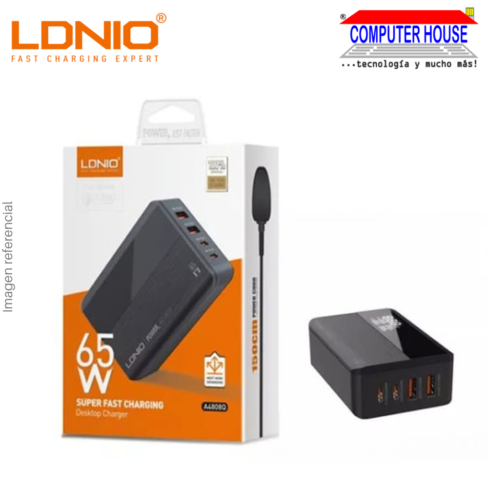 Cargador LDNIO 65W A4808Q 4 PUERTOS QC3.0 TYPE-C USB-C