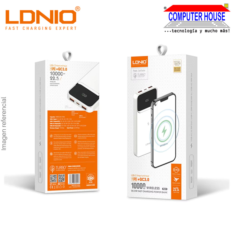 Power Bank LDNIO 10000 mAh PQ11 Carga inalámbrica 15W - Blanco