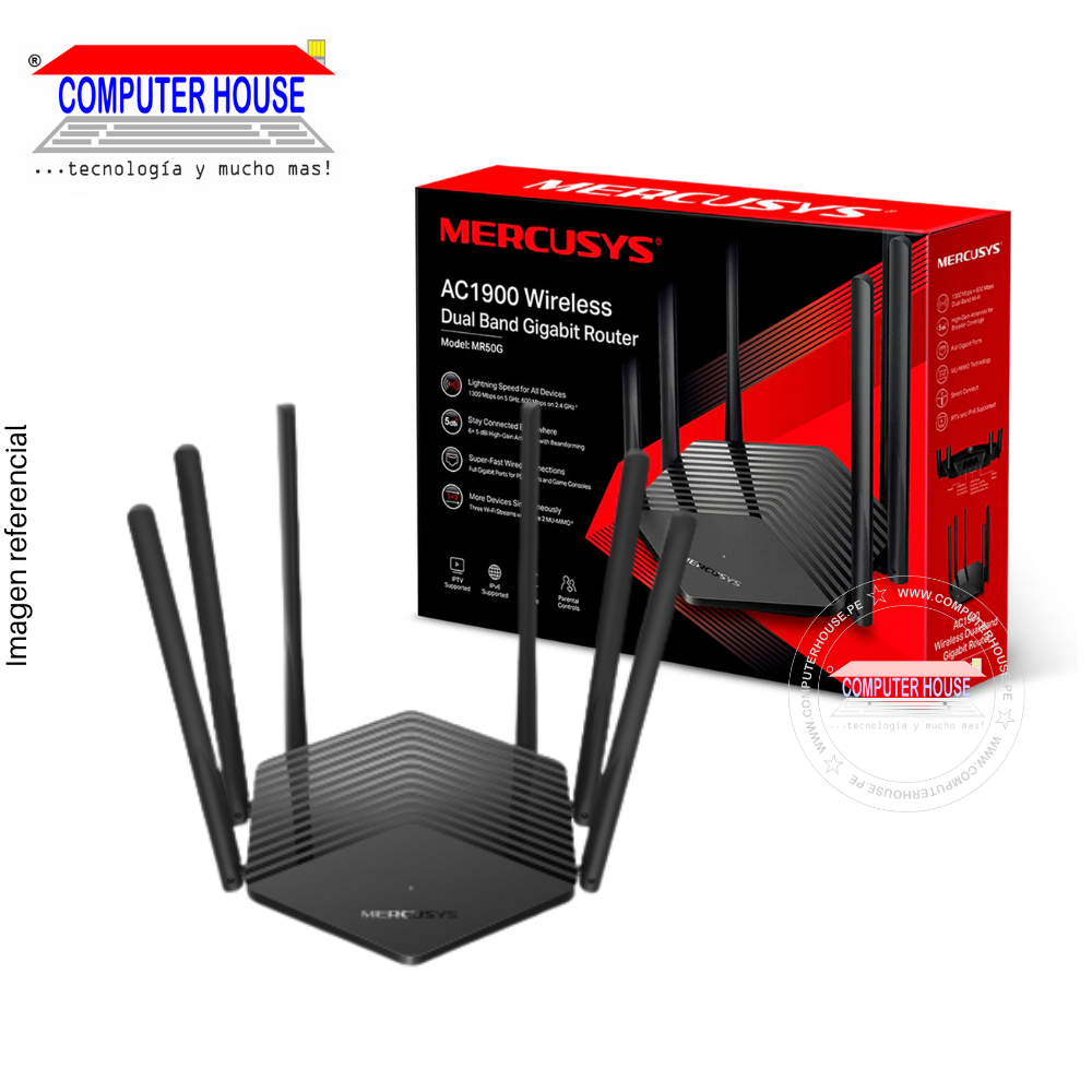 Router MERCUSYS MR50G, AC1900, Wi-Fi 5, Doble Banda 2.4GHz (hasta 600Mbps) y 5GHz (hasta 1300Mbps)