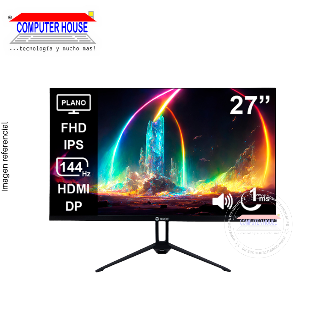 Monitor Gaming 27" Teros 2714S, 144Hz, 1MS, Plano, FHD IPS, 1920x1080, HDMIx1/DPx1/Parlantes/Audio-Out.