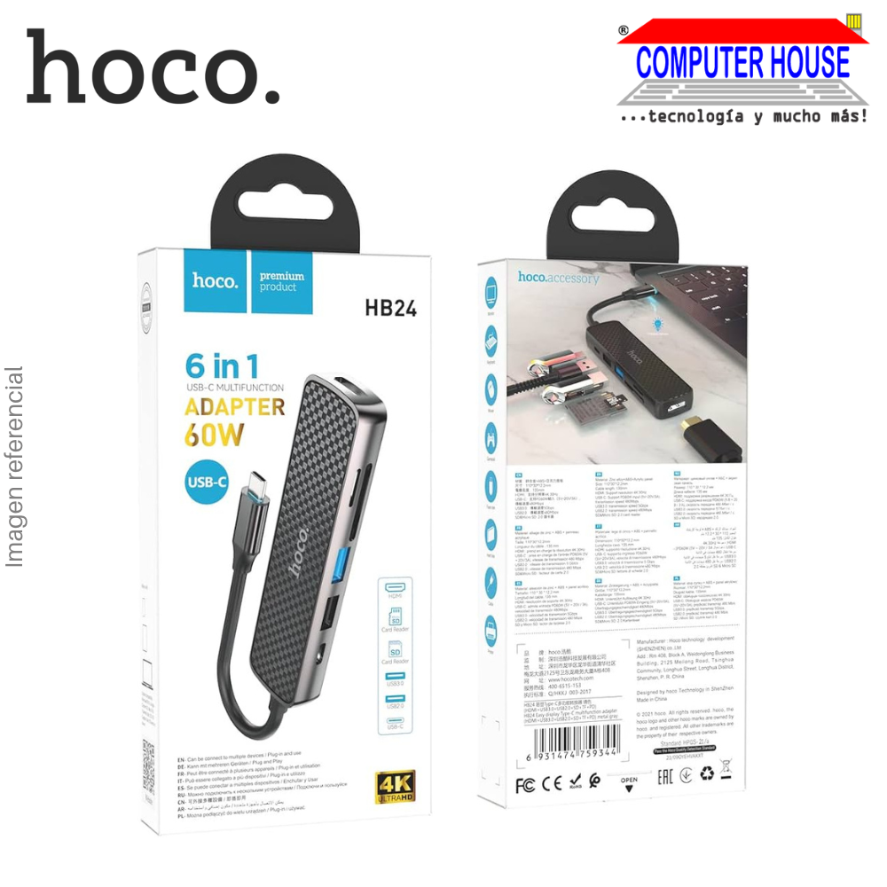 HUB USB Extensión 6 en 1 HOCO HB24 Tipo C a HDMI, USB3.0, USB2.0, SD, TF, PD.