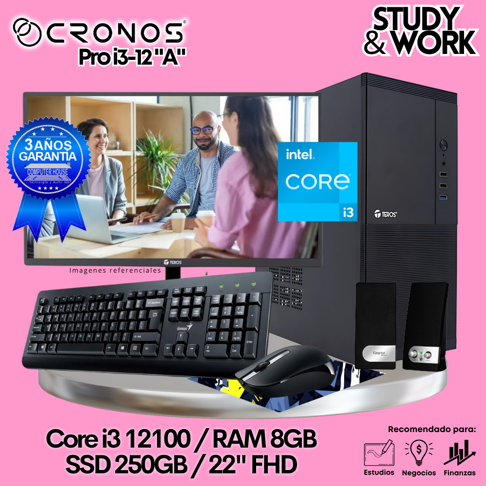 PC CRONOS Pro i3-12 "A", RAM 8GB, SSD 250GB, Monitor 22″ FHD, Kit Teclado + Mouse, Parlantes o Audífono.