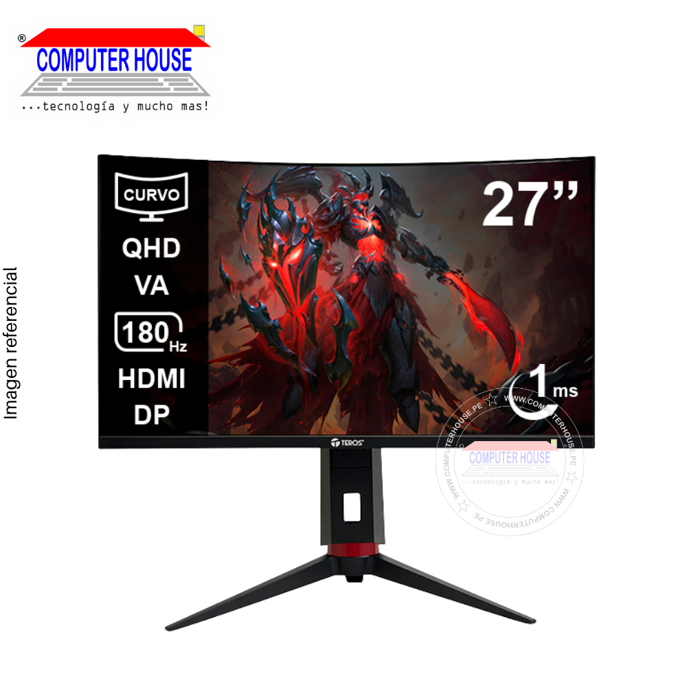 Monitor Gaming 27" Teros 2767G, 180Hz, 1MS, Curvo, QHD VA, 2560x1440, HDMIx1/DPx1/Audio-Out.