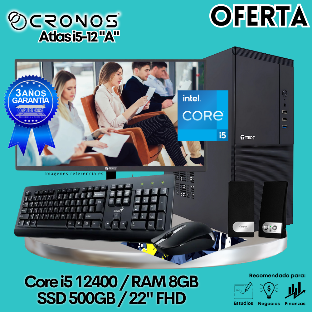 OFFER: CRONOS Atlas i5-12400 PC, 8GB RAM, 500GB SSD, 22″ FHD Monitor, Keyboard + Mouse Kit, Speakers or Headphones.